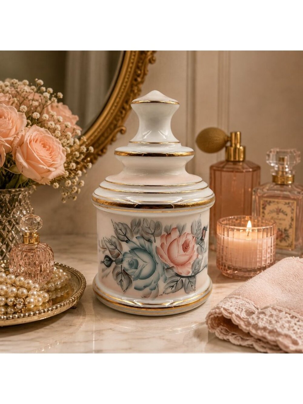 Opaline Hand Painted Flowers with Gold Trim Apothecary Jars with Lid
